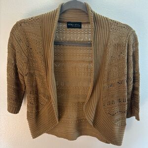 Yarn Arts Olive Green/Brown Cropped Crocheted Open Cardigan Sweater M